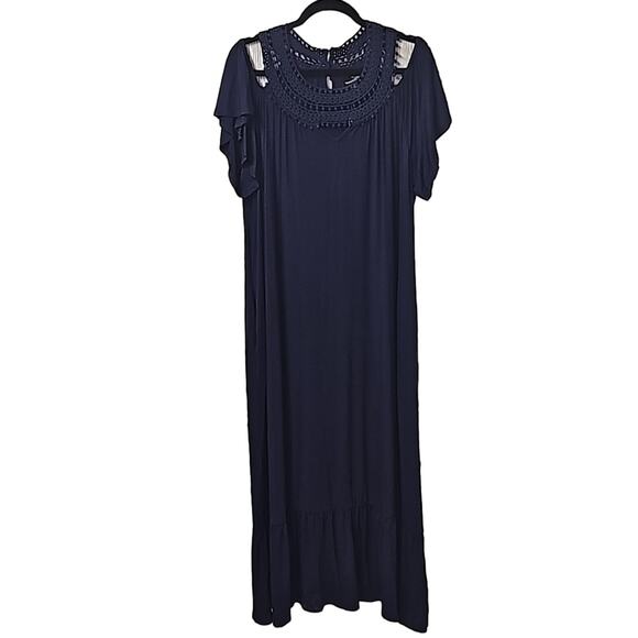 Suzanne Betro Crochet Neck Cold Shoulder Navy Maxi Dress Womens Plus Size 2X NEW - Picture 1 of 13